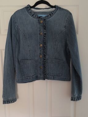Draper James Light Blue Denim Jean Jacket with Ruffle Trim